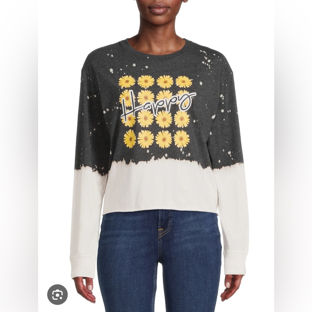 No Boundaries Happy Graphic Sweatshirt - Gray, White, Yellow